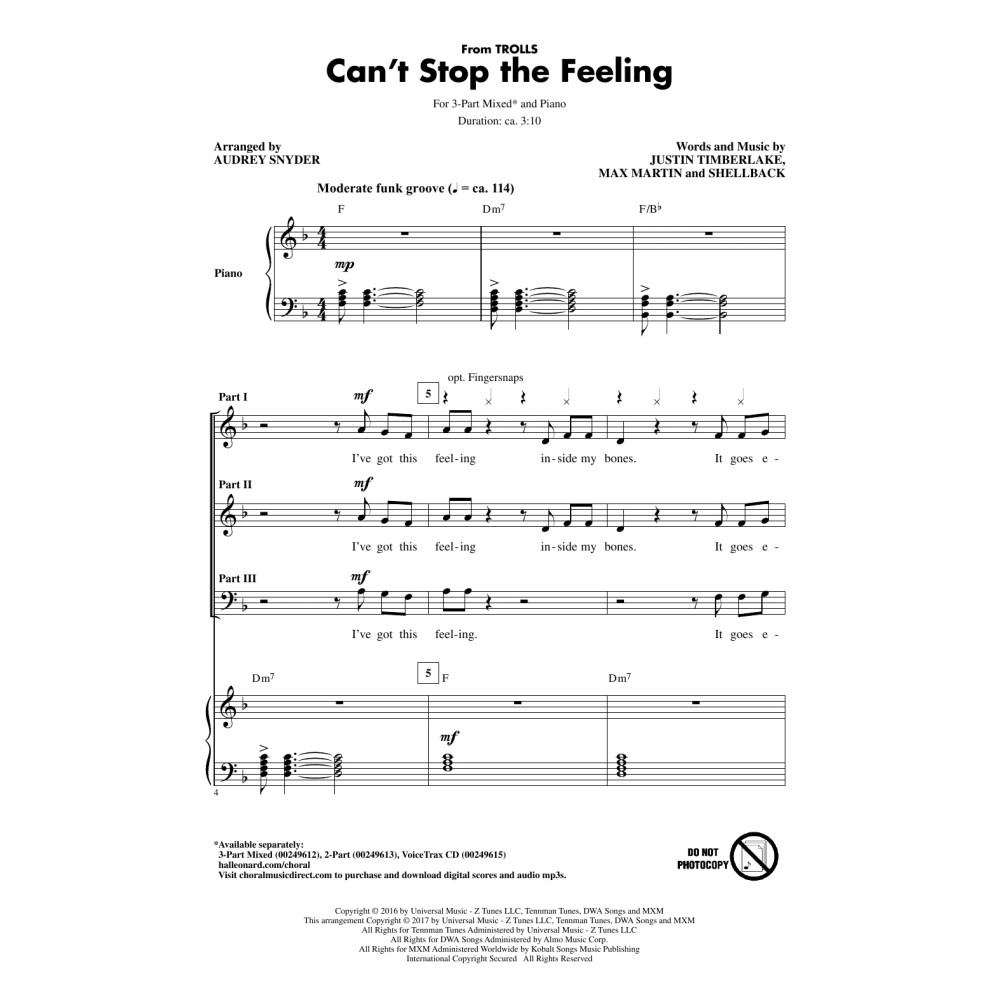 Can't Stop The Feeling (from Trolls) (arr. Audrey Snyder)